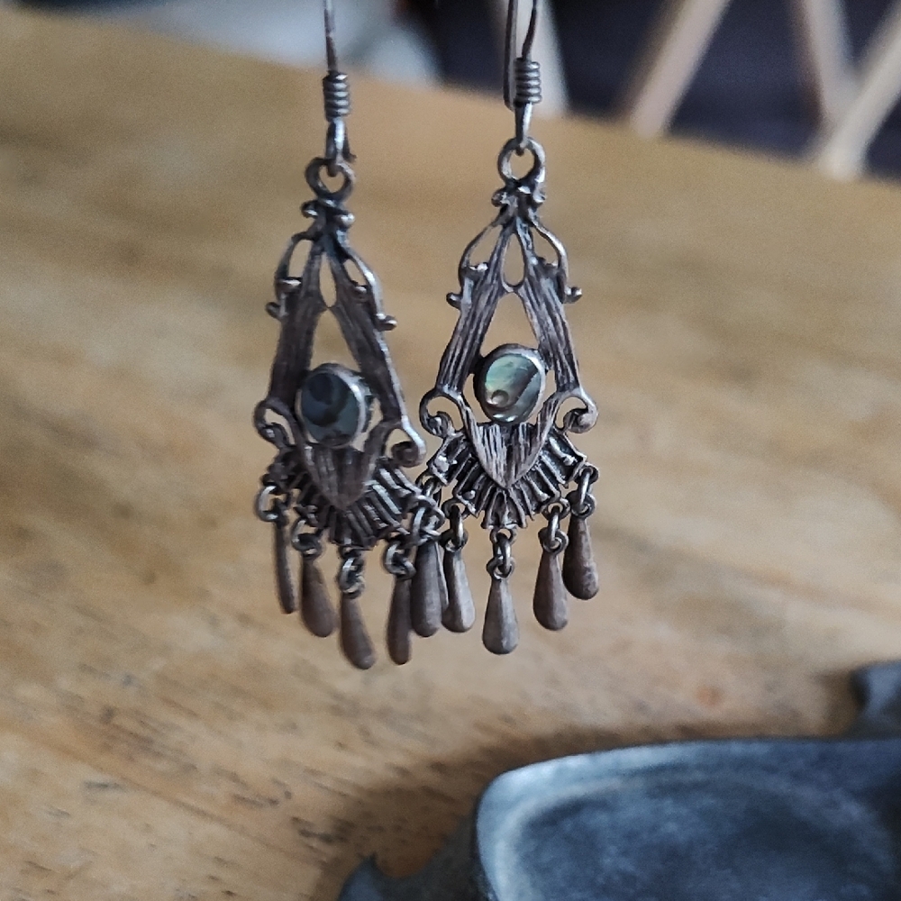 Elegant Silver Chandelier Earrings With Small Abalone Accent